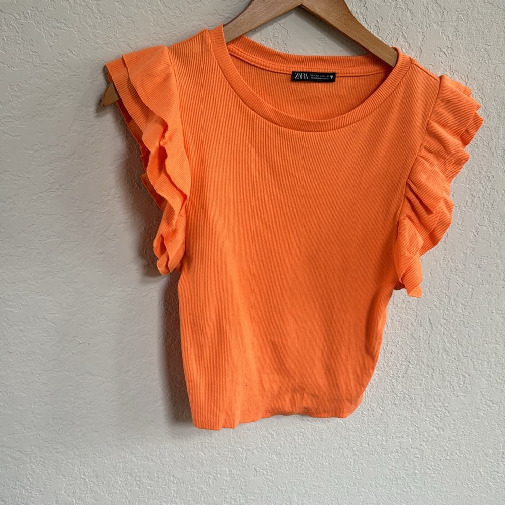 Zara Orange Ribbed Ruffle Sleeve Cropped Top - Picture 4 of 7